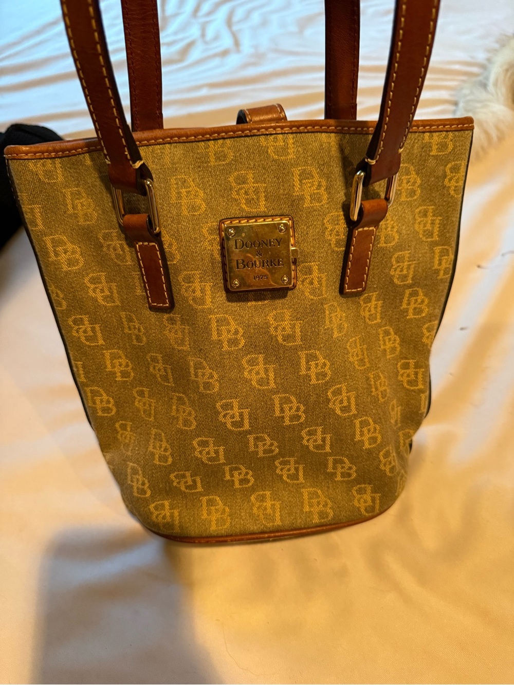 Dooney & Bourke Tan Canvas Monogram Shoulder Tote with Brown Trim